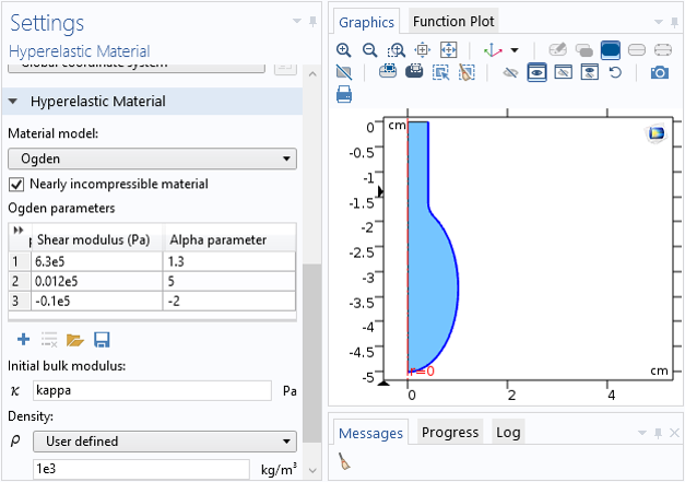 屏幕截圖顯示了COMSOL Multiphysics中Ogden材料模型的設(shè)置。