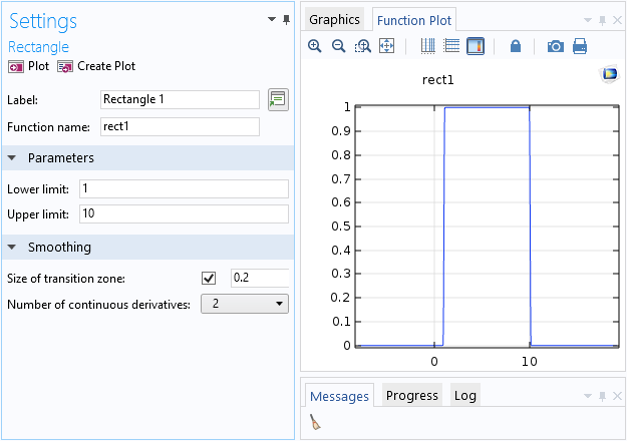 屏幕截圖顯示了COMSOL Multiphysics中Rectangle功能的Settings窗口。